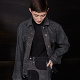 Jmojo black contrast denim jacket worn open model front view