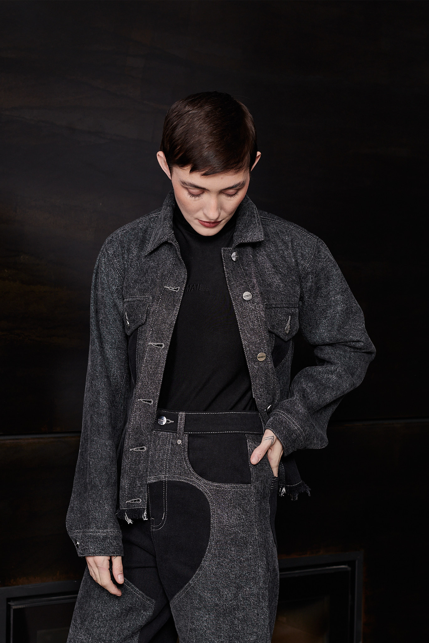 Jmojo black contrast denim jacket worn open model front view