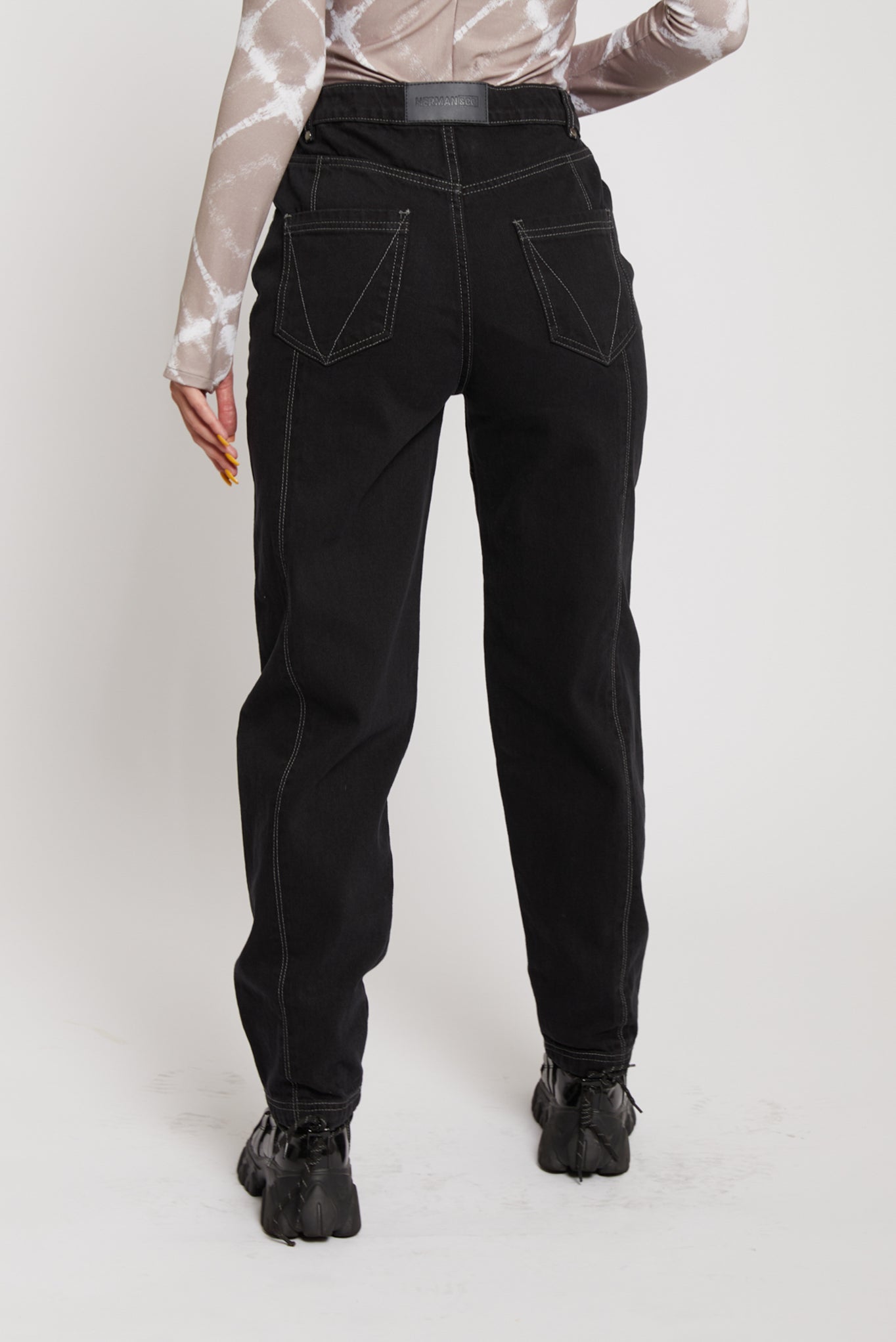 Jmojo black contrast stitch jeans back view showing patch pockets