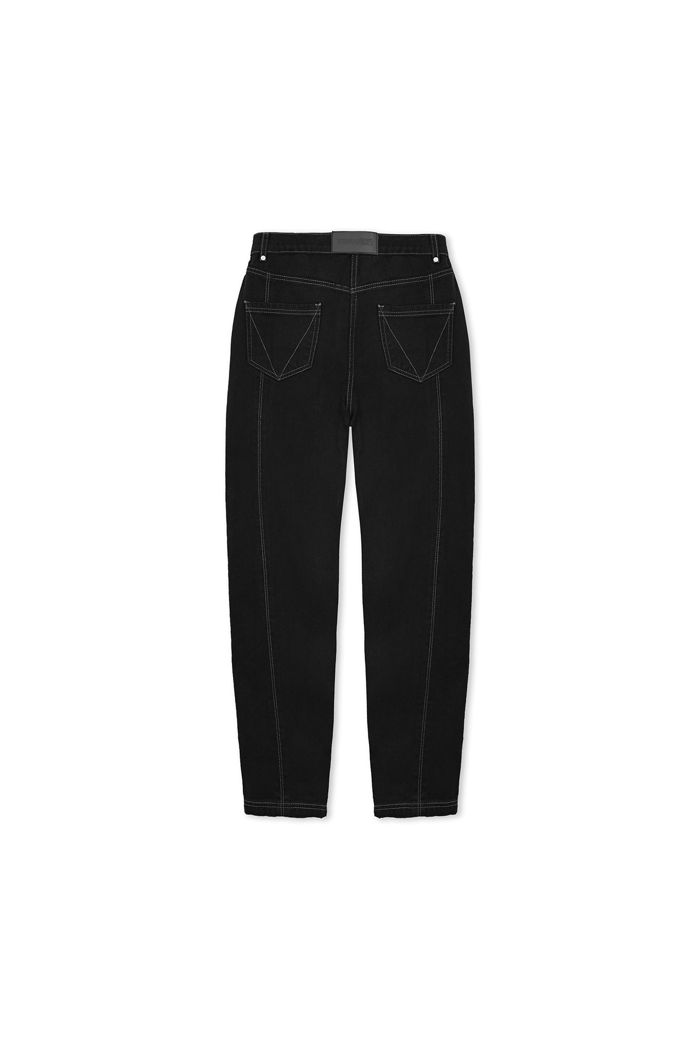 Jmojo black contrast stitch jeans flatlay back view showing patch