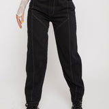 Jmojo black contrast stitch straight leg jeans front view on model