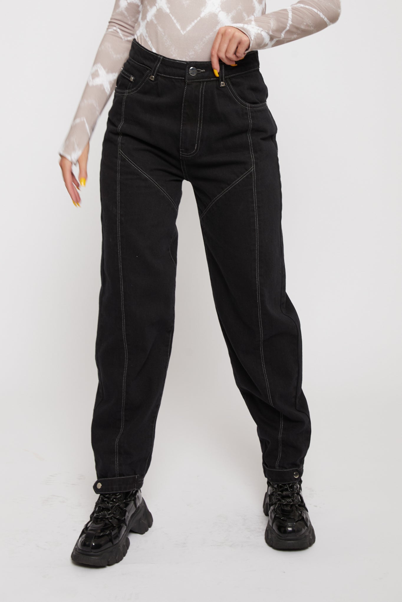 Jmojo black contrast stitch straight leg jeans front view on model