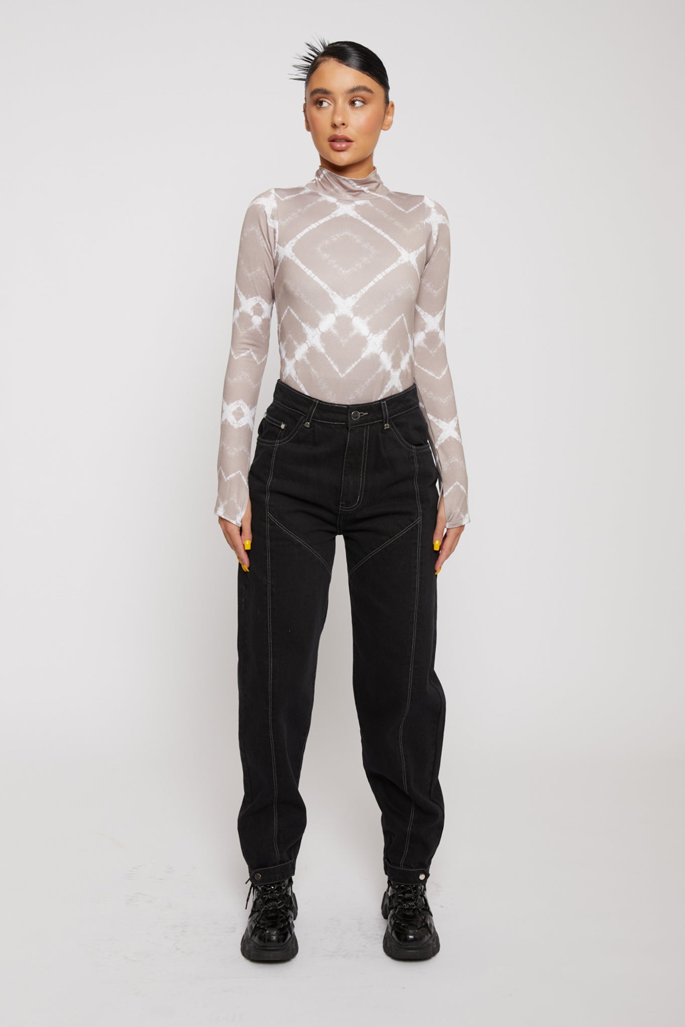 Jmojo black contrast stitch straight leg jeans styled full length view