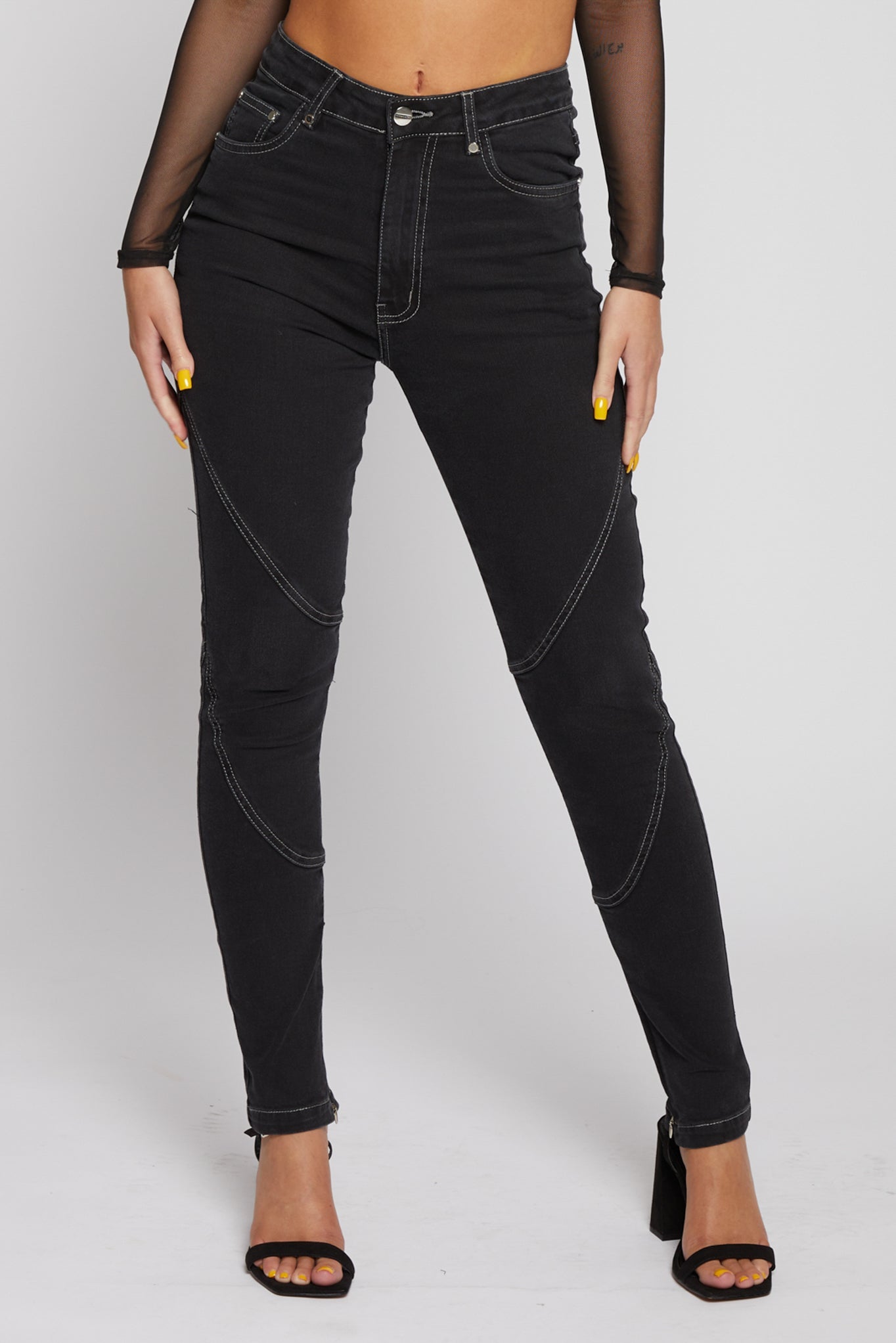 Jmojo black contrast stitch skinny jeans model front close up view