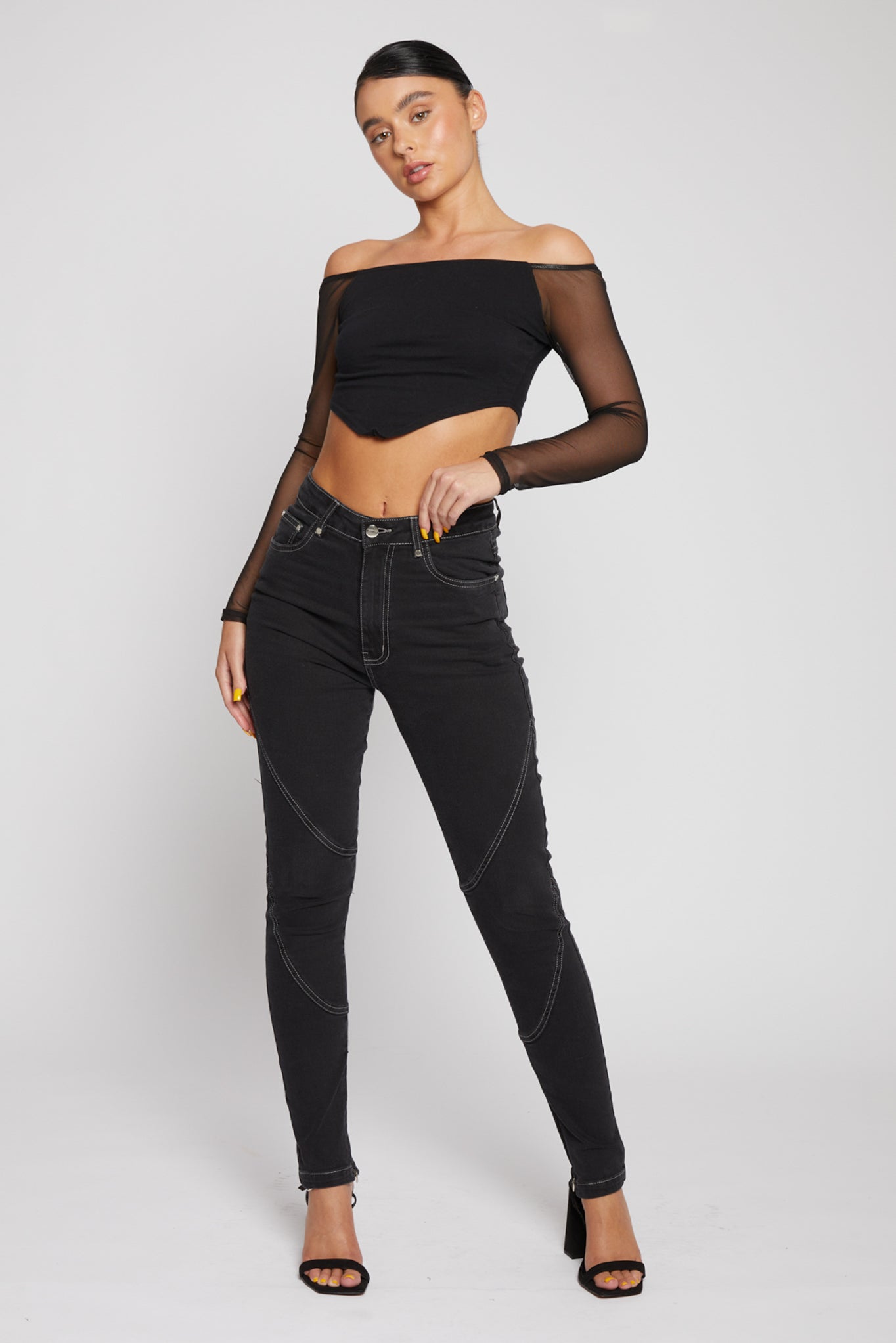 Jmojo black contrast stitch skinny jeans model full front view