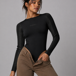 Jmojo black long sleeve ribbed bodysuit showing shaping fit