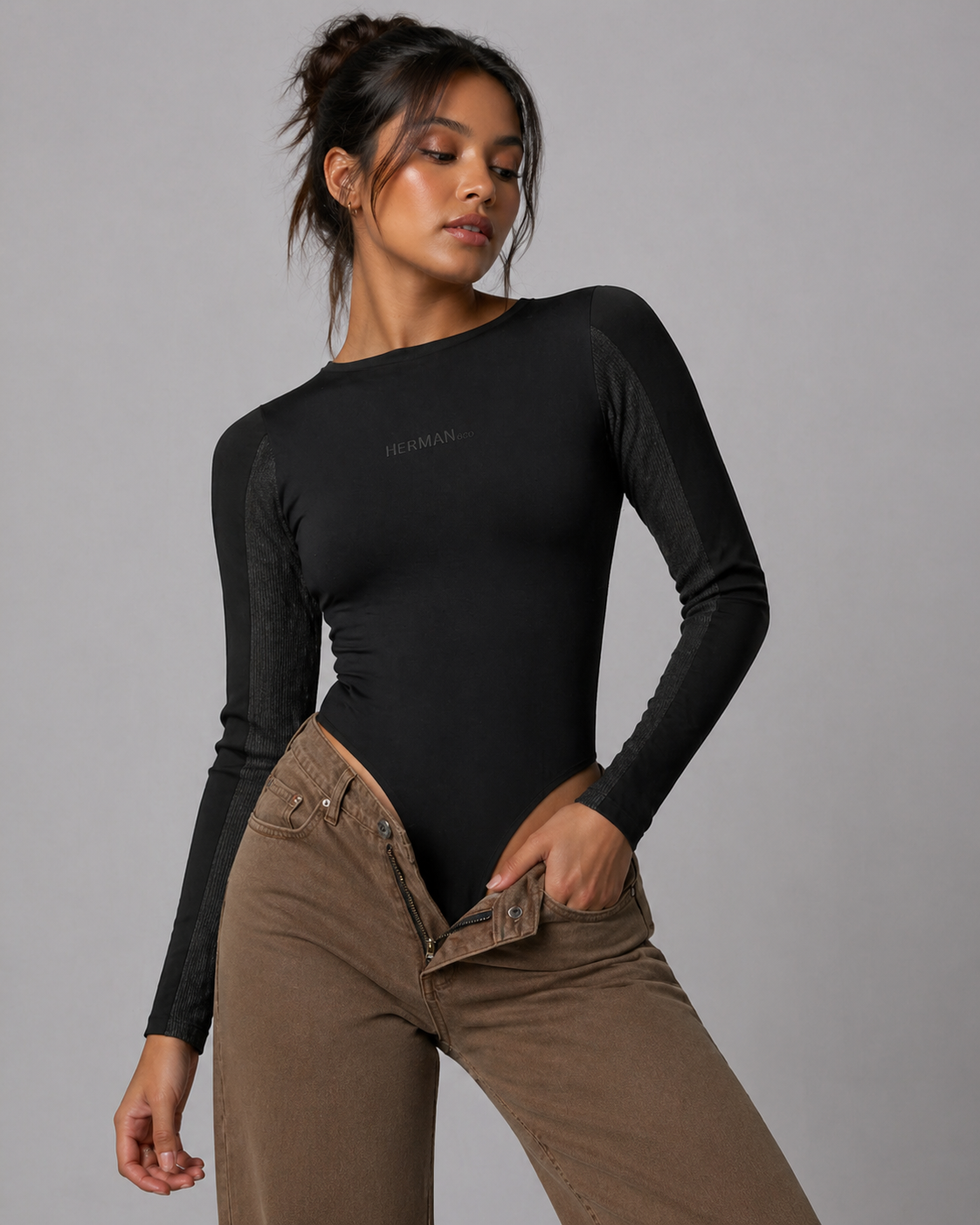 Jmojo black long sleeve ribbed bodysuit showing shaping fit