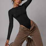 Jmojo black long sleeve ribbed bodysuit kneeling pose