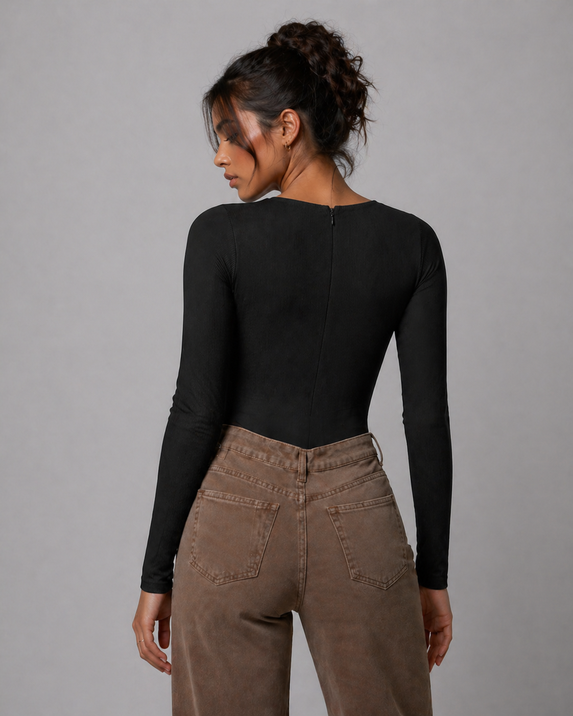 Jmojo black ribbed racer neck bodysuit with invisible back zip