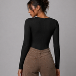 Jmojo black ribbed racer neck bodysuit with invisible back zip