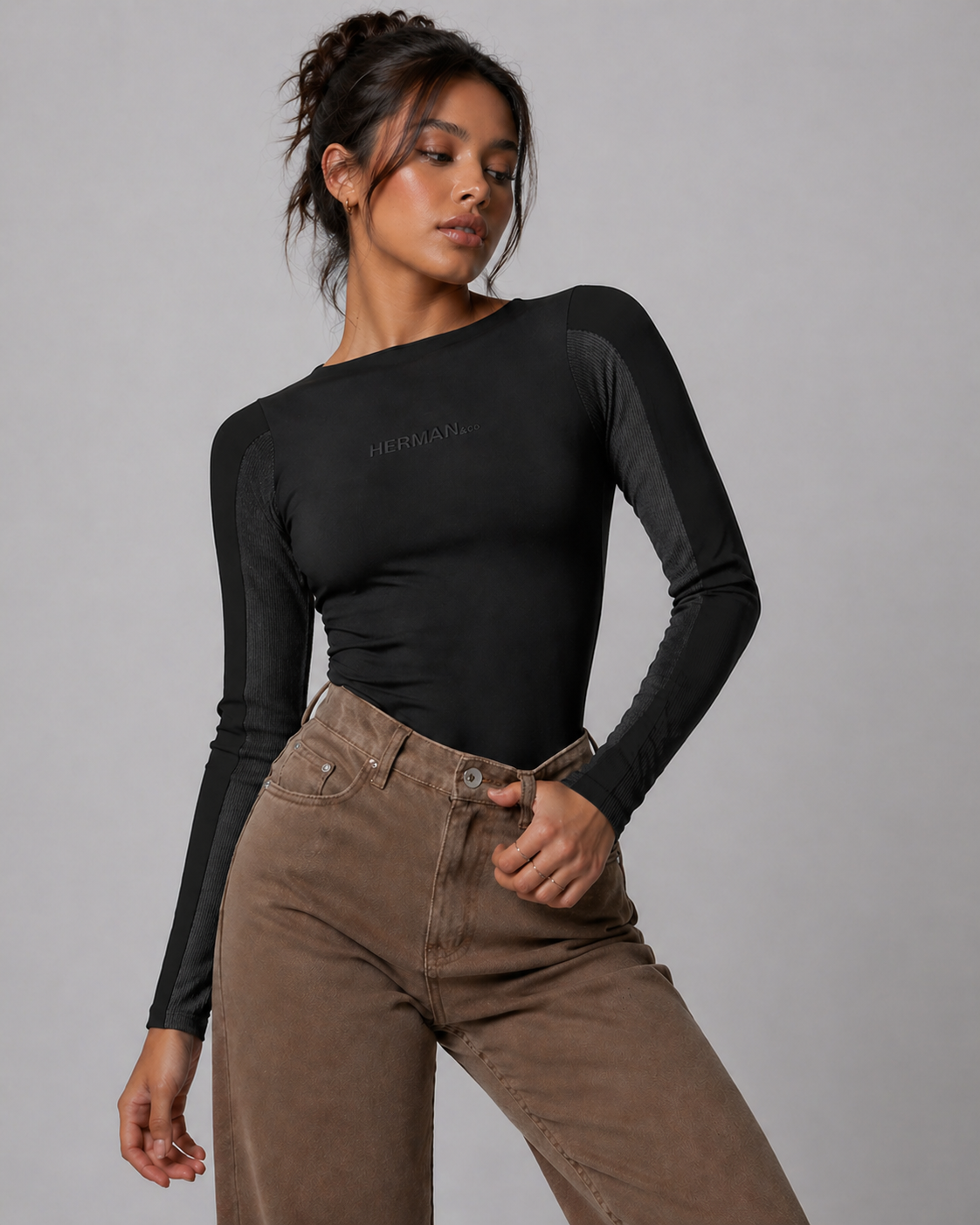 Jmojo black ribbed racer neck bodysuit front view