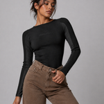 Jmojo black ribbed racer neck bodysuit front view