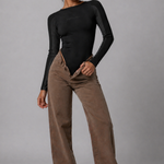 Jmojo black ribbed racer neck bodysuit highlighting shaping fit