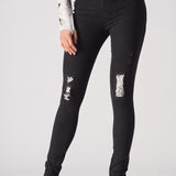 Jmojo black ripped skinny jeans front close up lace under print detail