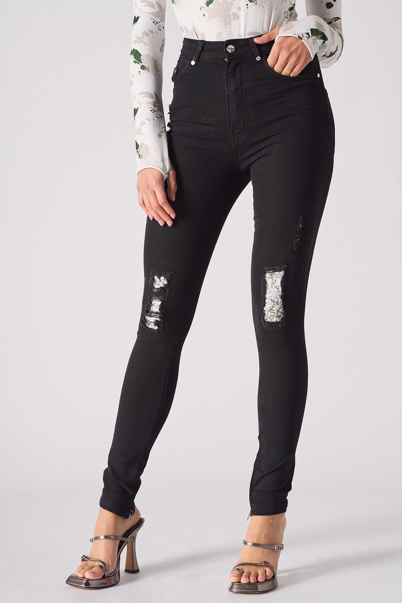 Jmojo black ripped skinny jeans front close up lace under print detail