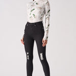 Jmojo black ripped high waisted skinny jeans front view alternative pose