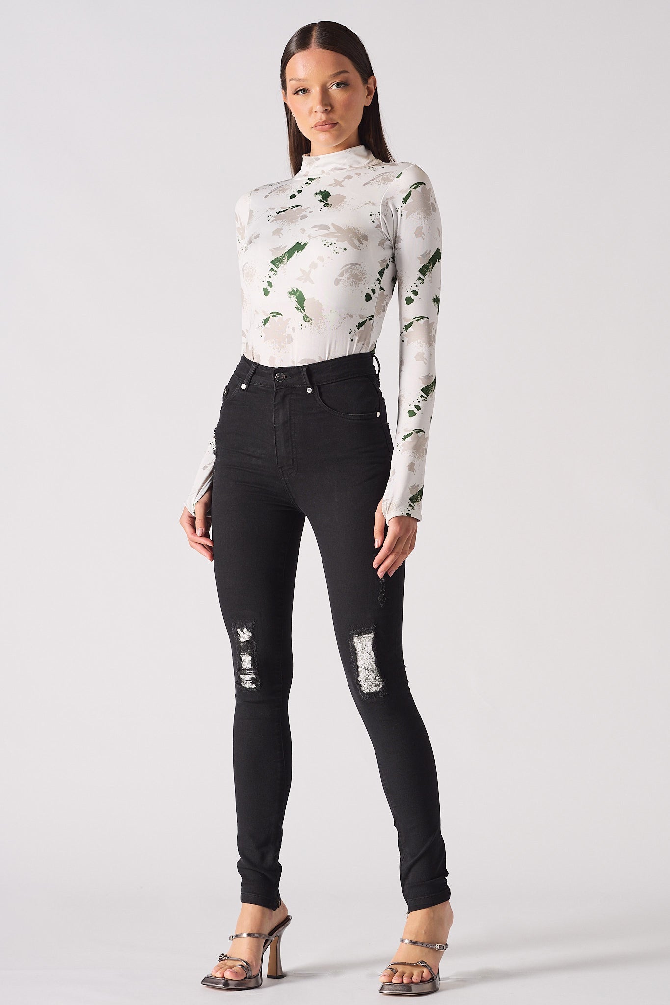 Jmojo black ripped high waisted skinny jeans front view alternative pose