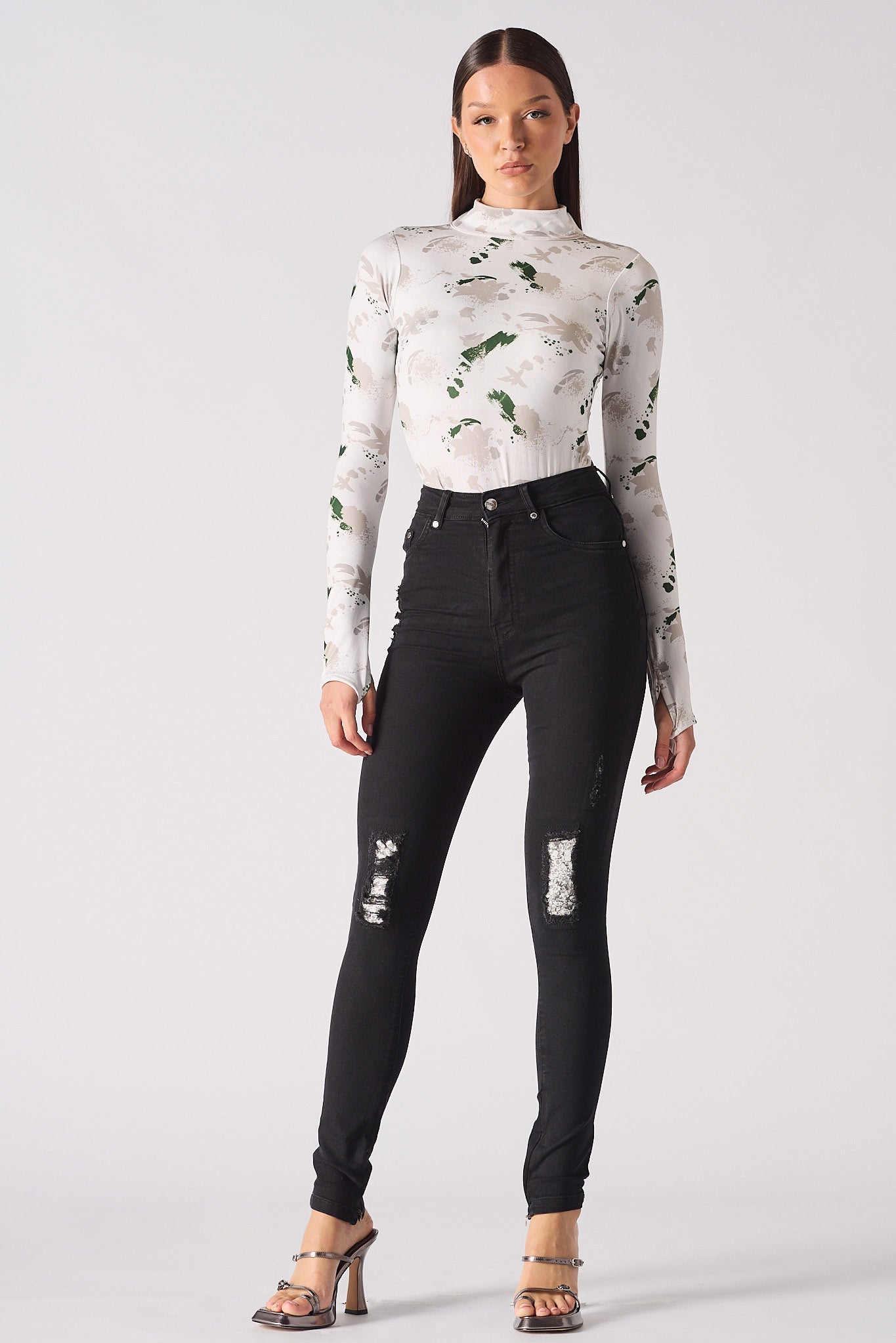 Jmojo black ripped high waisted skinny jeans front view alternative pose