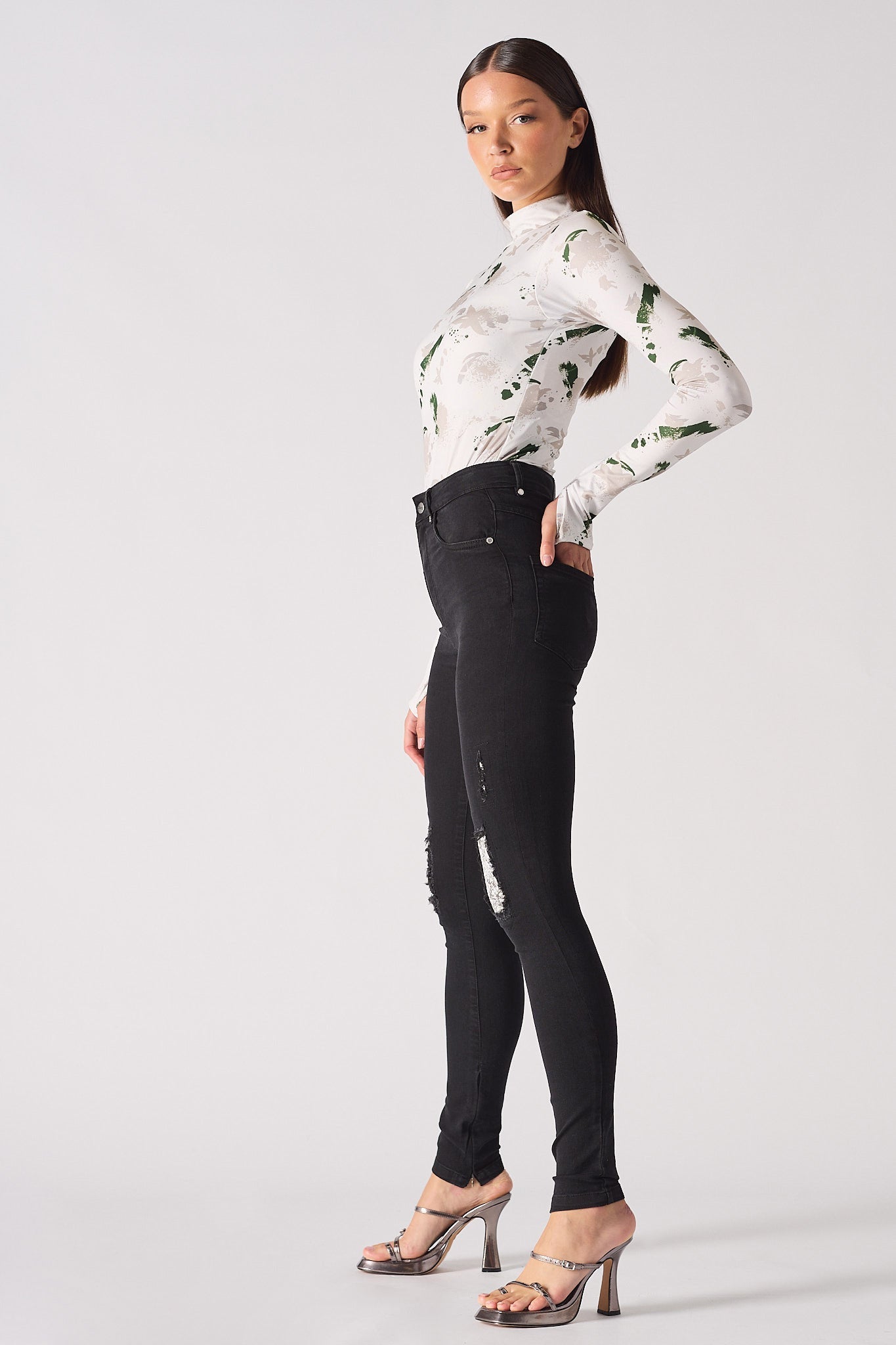 Jmojo black high waisted ripped skinny jeans full side profile view