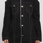 Jmojo black sherpa lined denim jacket close up detail front view