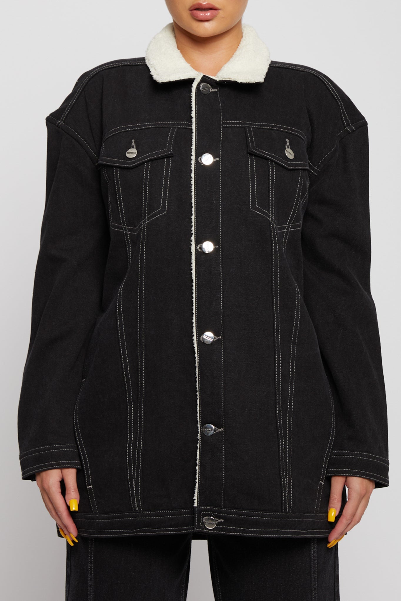 Jmojo black sherpa lined denim jacket close up detail front view