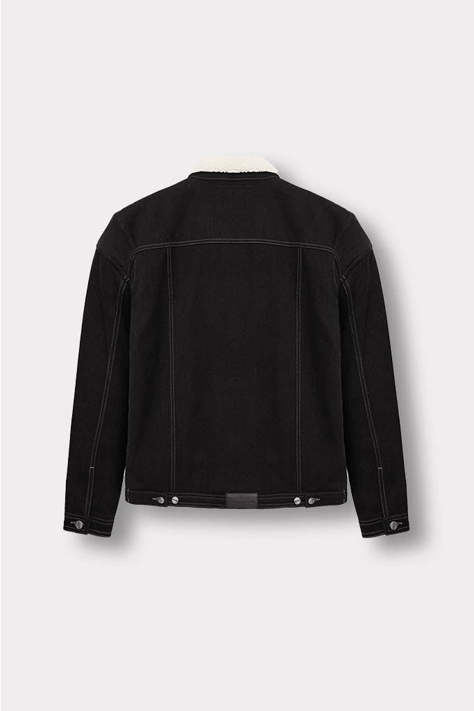 Jmojo black wash sherpa lined denim jacket flat lay back view