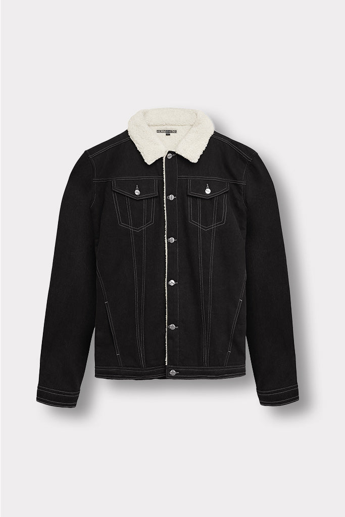 Jmojo black wash sherpa lined denim jacket flat lay front view