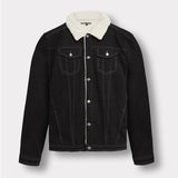 Jmojo black wash sherpa lined denim jacket flat lay front view