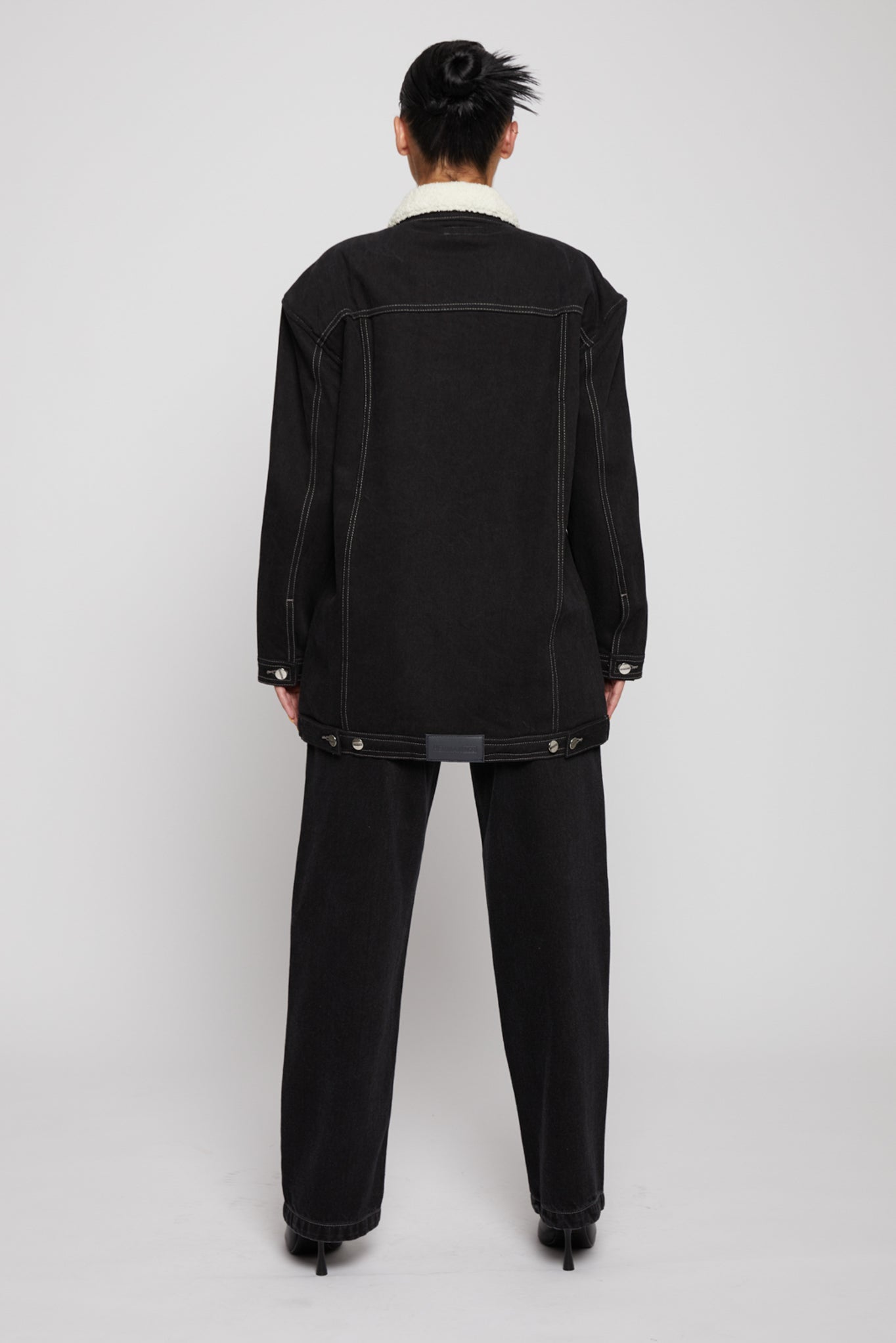 Jmojo black sherpa lined denim jacket model back view