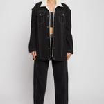 Jmojo black sherpa lined denim jacket buttoned up model front view