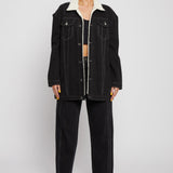 Jmojo black sherpa lined denim jacket buttoned up model front view
