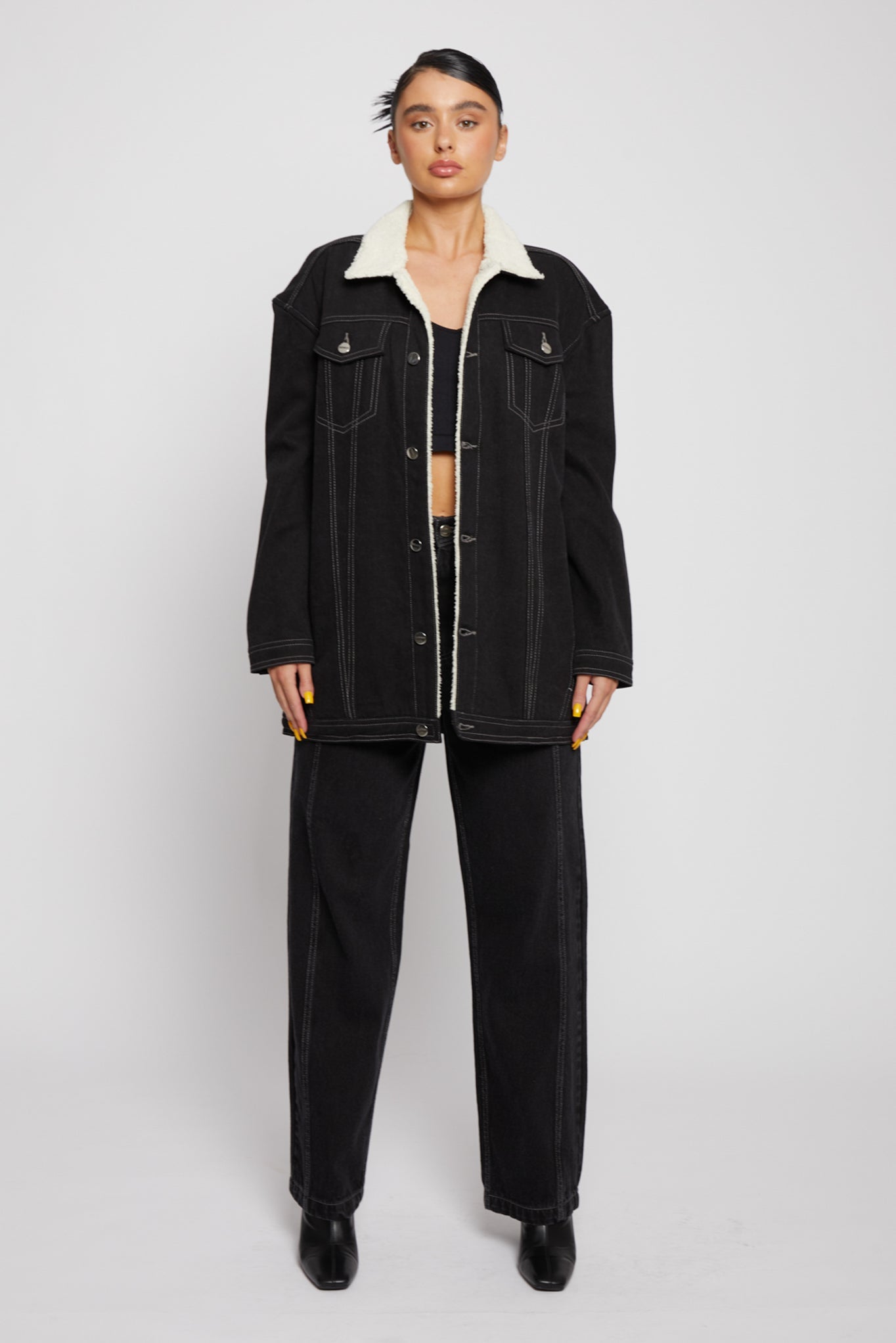 Jmojo black sherpa lined denim jacket buttoned up model front view