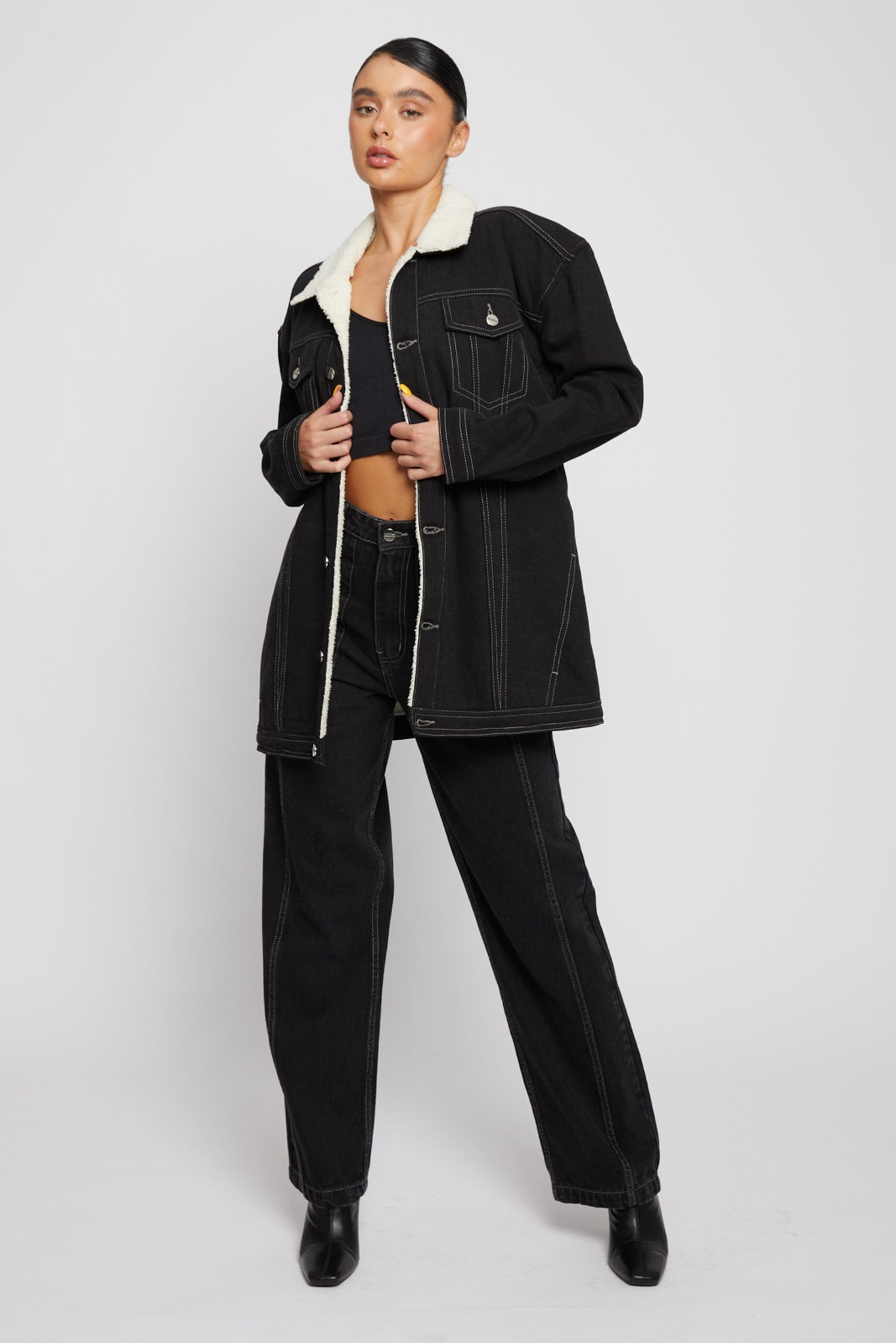 Jmojo black sherpa lined denim jacket full length model front view
