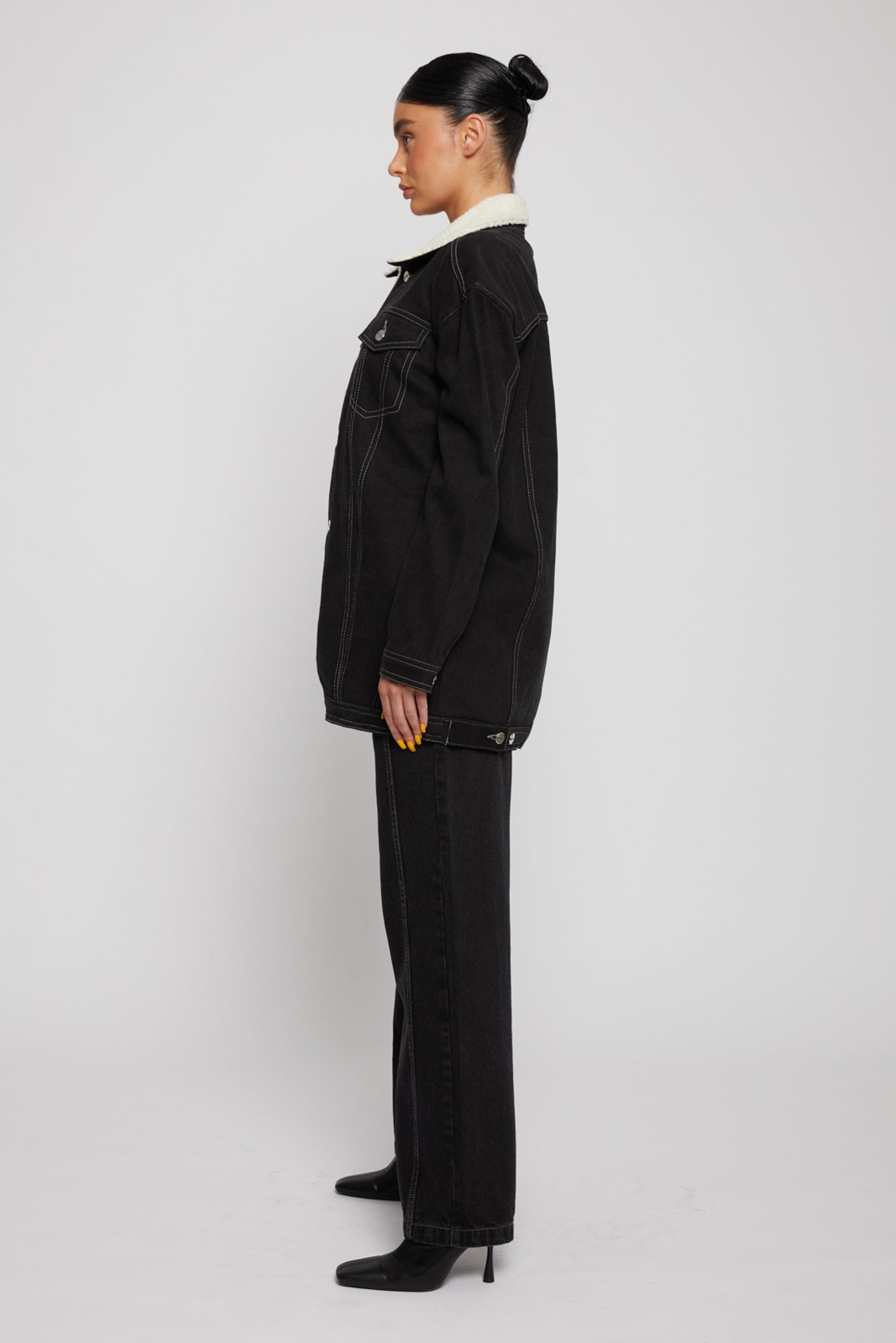 Jmojo black sherpa lined denim jacket model side view