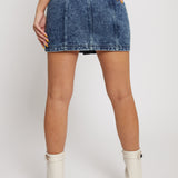 Jmojo blue acid wash denim skirt back seam detail view