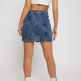 Jmojo blue acid wash denim skirt back view branding patch