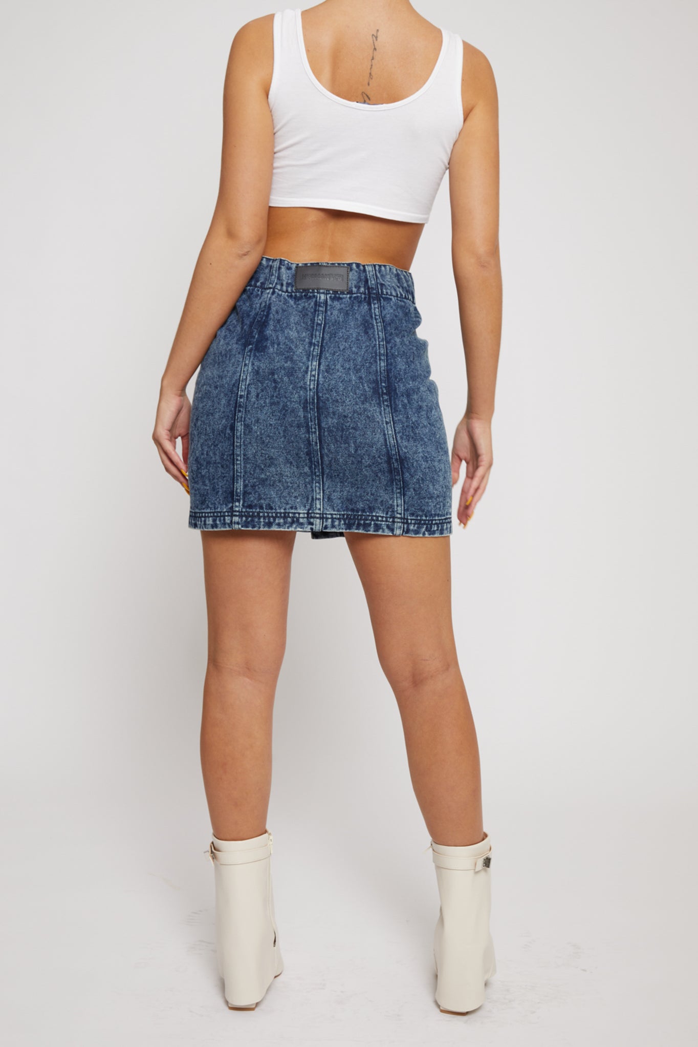 Jmojo blue acid wash denim skirt back view branding patch