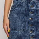 Jmojo blue acid wash denim skirt silver button front closeup