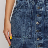 Jmojo blue acid wash denim skirt silver button front closeup