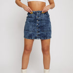 Jmojo blue acid wash denim skirt front view button fastening