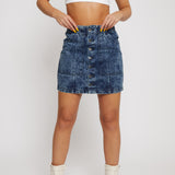 Jmojo blue acid wash denim skirt front view button fastening
