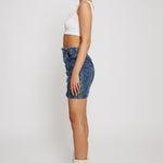 Jmojo blue acid wash denim skirt side view mid length