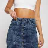 Jmojo blue acid wash denim skirt waist detail patch pockets