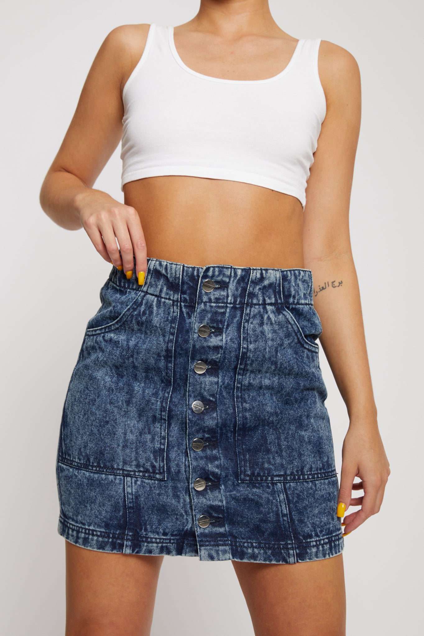 Jmojo blue acid wash denim skirt waist detail patch pockets