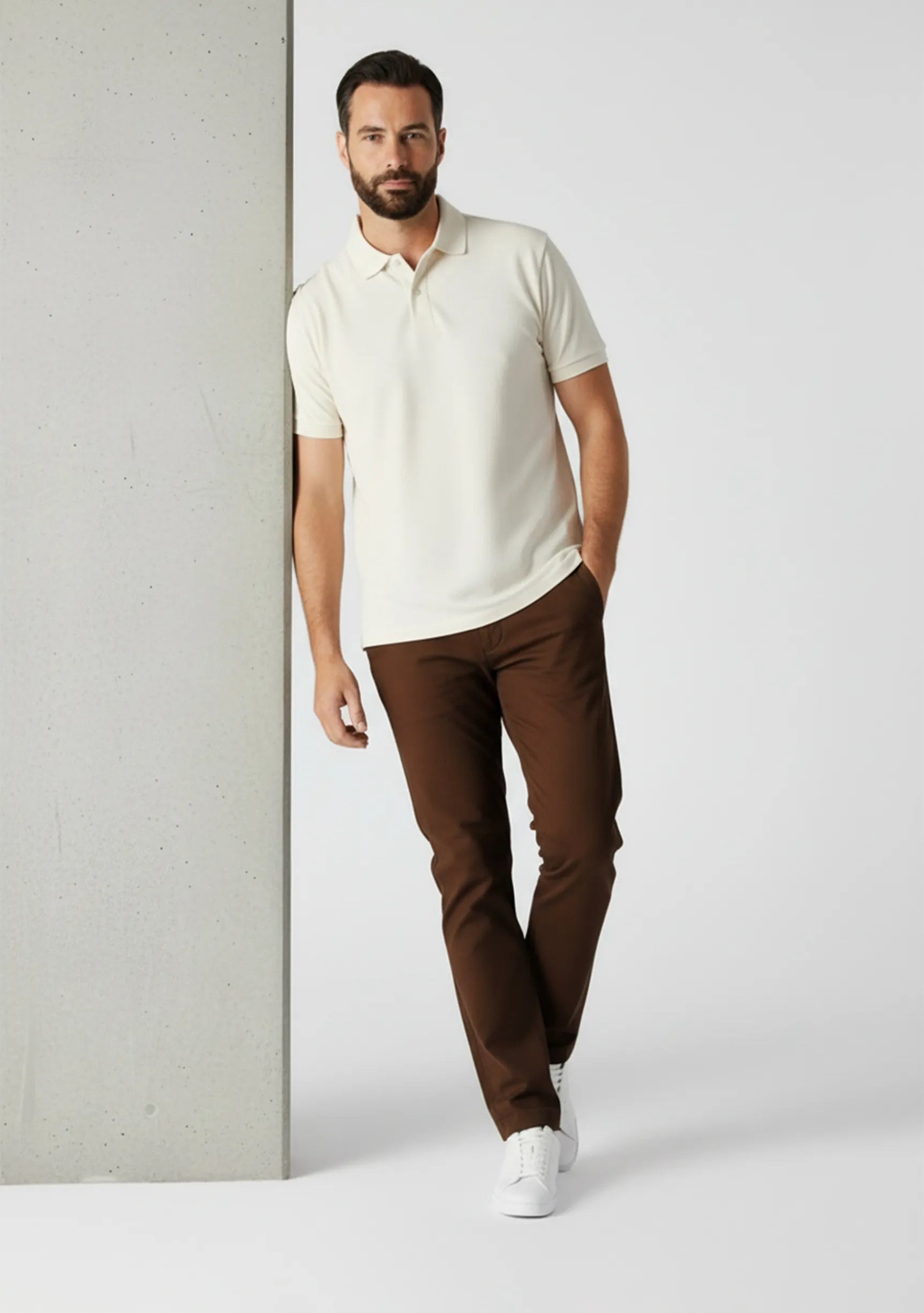 Man leaning against a pillar wearing casual dark brown chinos men by Jmojo.