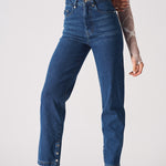 Jmojo dark wash high waisted straight leg jeans front close up view
