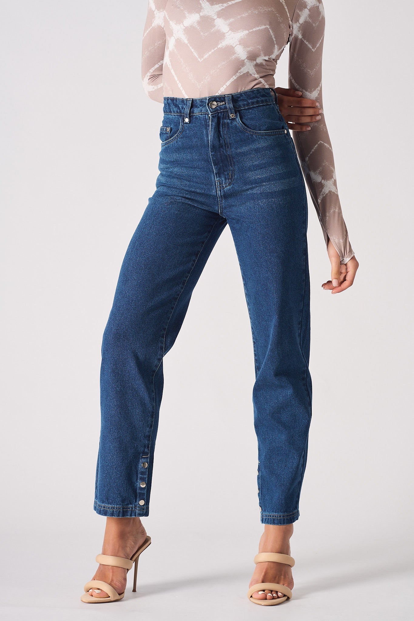 Jmojo dark wash high waisted straight leg jeans front close up view
