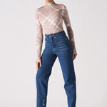 Jmojo dark wash high waisted straight leg jeans styled on model