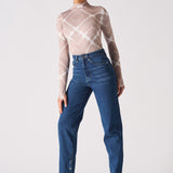 Jmojo dark wash high waisted straight leg jeans styled on model