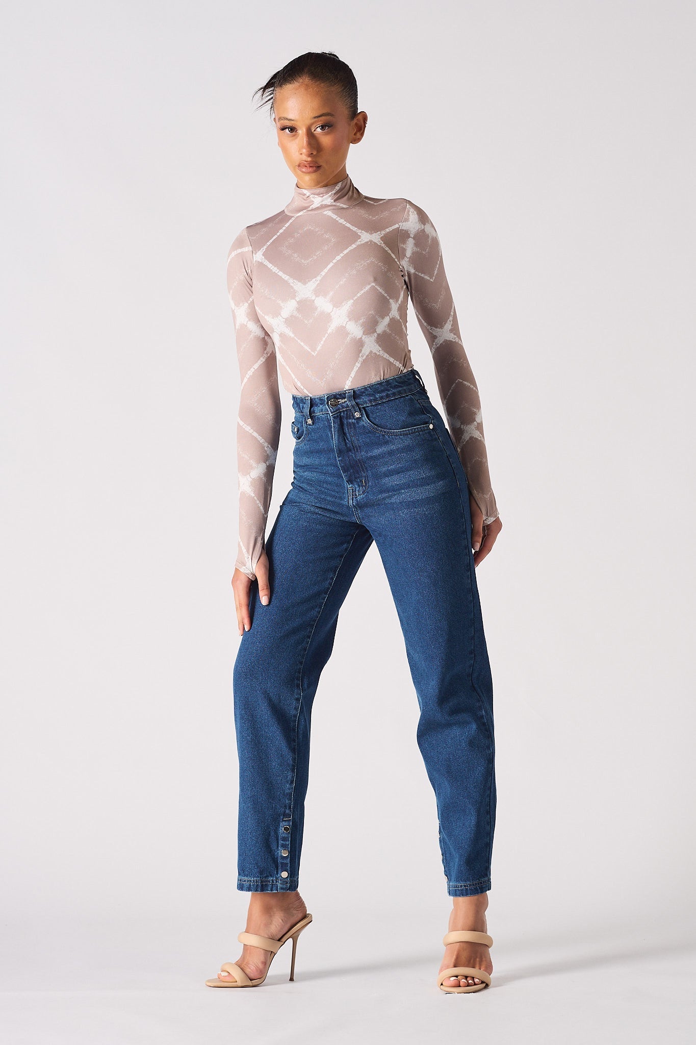 Jmojo dark wash high waisted straight leg jeans styled on model